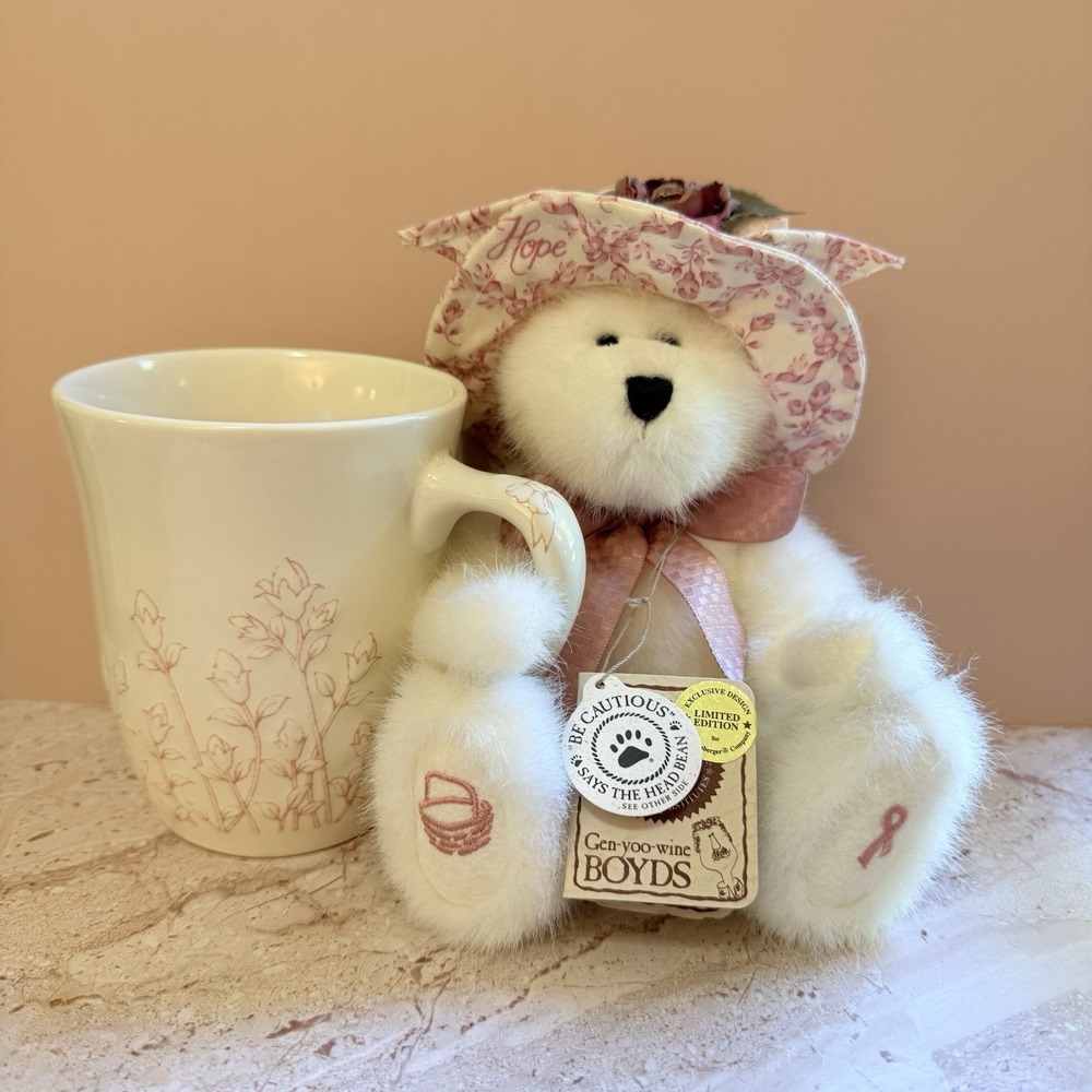 Longaberger Horizon of Hope 2001 Boyds Bear & Pink Floral Coffee Mug Gift Set